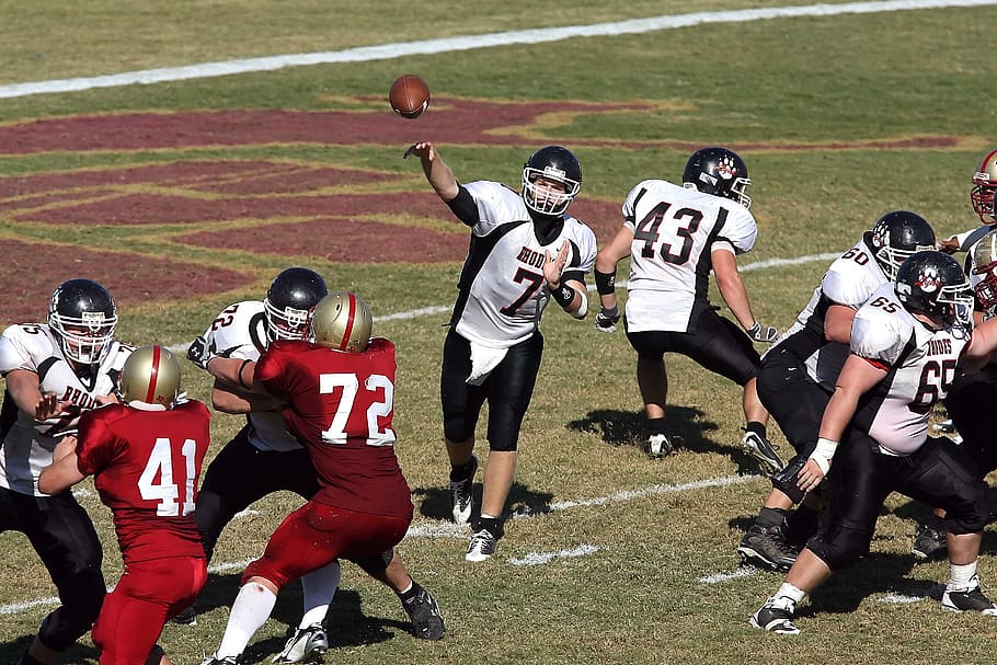 Fotbal, americký fotbal, hráčů, quarterback, sport, míč, hra, hrát si, soutěž, tým, pole