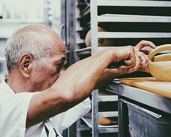 man, white, top, baking pastry, people, old, baker, restaurant, bakeshop, pastries, bread