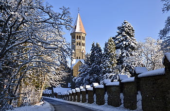 opatství, clervaux, Lucembursko, Evropa, architektura, zeď, střešní tašky, věž, sníh, zimní, zasněžený