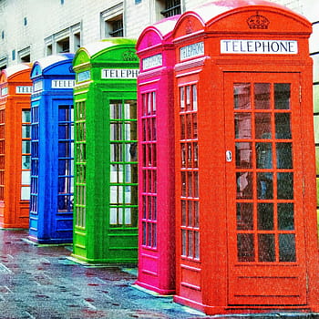 five, assorted-color telephone booths, brown, building, conversation, colors, sheet, phone booth, travel, london