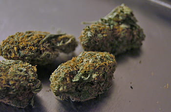 four, rolled, green, kush, gray, stainless, steel surface, marijuana, weed, cannabis, leaf