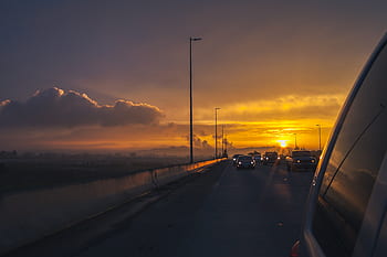 sunset, clouds, sky, highway, road, car, vehicle, transportation