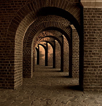 gray, brick hallway, vaulted cellar, tunnel, arches, keller, cellar speed, xanten, places of interest, history, architecture
