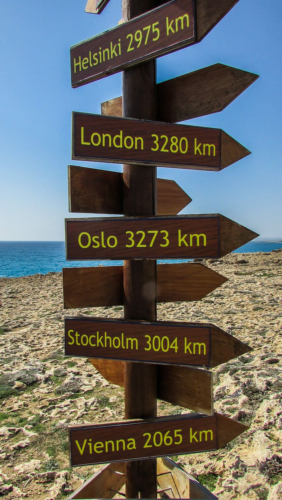 Chypre, Ayia Napa, point de vue, signes de distance, enseignes en bois, signe, panneau de signalisation, panneau directionnel, direction, Voyage, plage