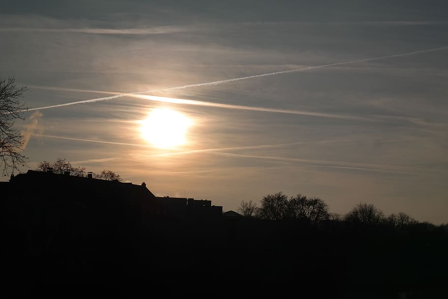 západ slunce, contrail, slunce, mraky, nebe, zlatý, Jiskra, abendstimmung, silueta, nikdo, Příroda