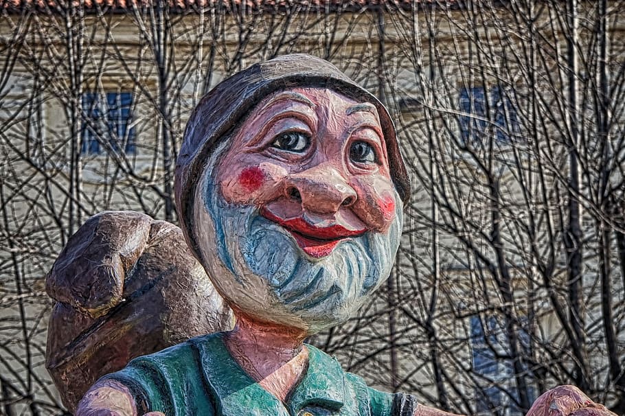 nano, malý trpaslík, 7, nani, Sněhurka, karneval, vagón, průvod, papírová hmota, alegorie, usměj se
