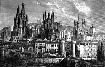 centrum burgos, kolem, 1850, burgos, centrum, Španělsko, umění, budov, město, veřejná doména, Černý a bílý