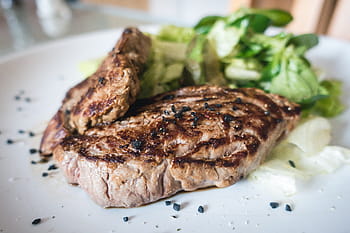 green, salad, close, Beef steak, green salad, close up, beef, healthy, meat, steak, food