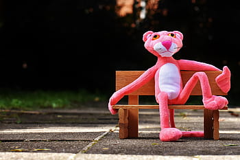 Růžový panter, banka, odpočinek, sedět, postava, legrační, zvíře, plyš, vycpané zvíře