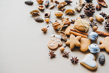 cookies, šedá, povrch, roztříděný, ořechy, Vánoce, výzdoba, umění, ozdoby, materiál, tvar