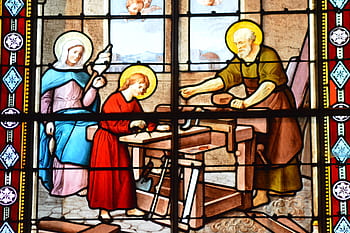 stained glass, church, window, colorful, business, carpenter, jesus, mary, joseph, work, wood