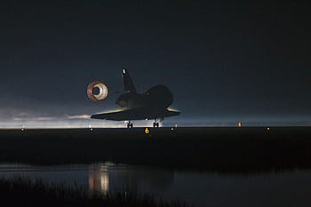space shuttle atlantis landing, drag chute, deployed, runway, night, parachute, astronaut, mission, complete, airplane, commercial Airplane