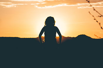 silhouette, donna, tramonto, persona, di fronte, montagna, cielo, nuvole, Alba, persone, ragazza