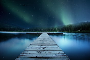 landscape, jetty, lake, night, sky