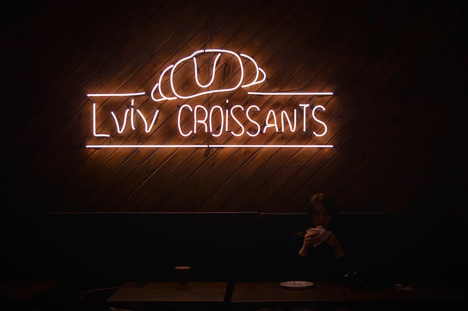 neon, světlo, noc, zeď, lidé, krytý, jíst, chléb, Pekárna, stůl