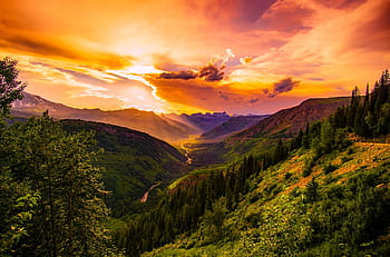 green, trees, mountains, sunset illustration, montana, sunset, dusk, sky, clouds, beautiful, colors
