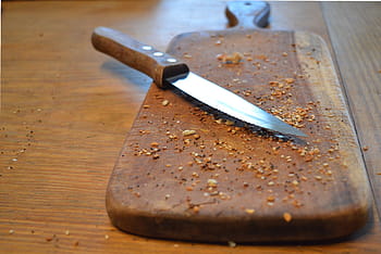 coltello, chopping, tavola, foto, Marrone, di legno, maniglia, tagliere, cucina, briciole, capocuoco