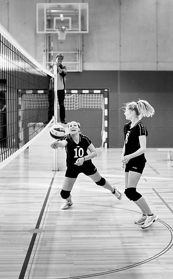 fotografie ve stupních šedi, dva, žena, hraní, volejbal, sport, míč, hrát si, soutěž, mladý, hřiště