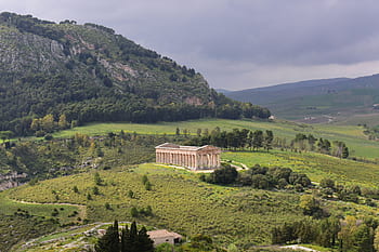 segesta, tempio, sicilia, aereo, fotografia, alberi