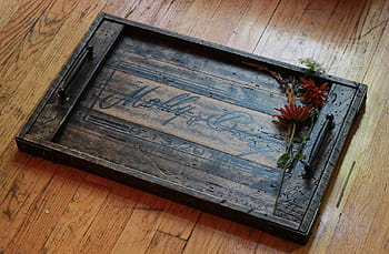 rectangular, brown, wooden, serving, tray, wood, metal, rustic, reclaimed, flower, art
