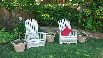 bianca, di legno, poltrone da giardino, verde, erba del prato inglese, giorno, terrazza, poltrone, cortile, sedie, tempo libero