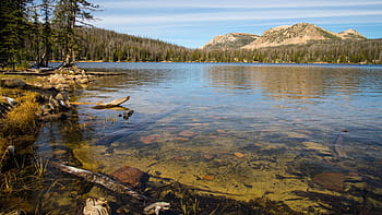krajinářské fotografie, jezero, hory, tělo, voda, u, hora, modrý, nebe, řeka, pobřeží