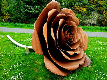 brown, flower statue, garden, green, grass, trees, plant, nature, street, view, rose