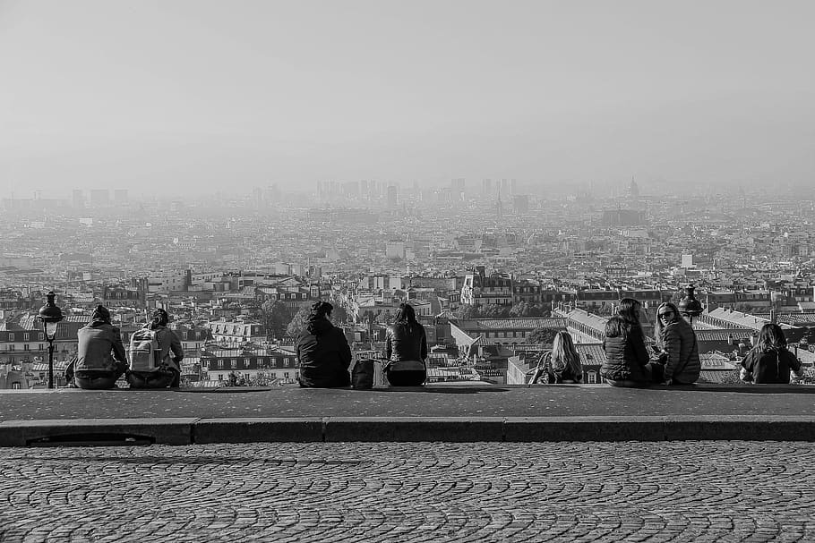 vista, Parigi, cuore sacro, turisti, bianco e nero, punto di vista, panorama, cielo, edifici, inquinamento, panoramico