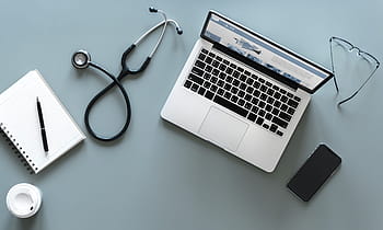 silver macbook, aerial view, computer, desk, device, devices, digital device, equipment, glasses, hospital, laptop