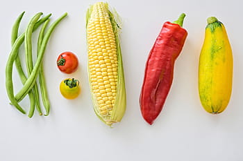 fazole, rajčata, kukuřice, paprika, papája, Pět, roztříděný, zelenina, bílý, povrch, horní