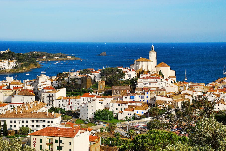 aerial, photography, white, painted, building, sea, daytime, Cadaqués, Costa Brava, Catalunya, church