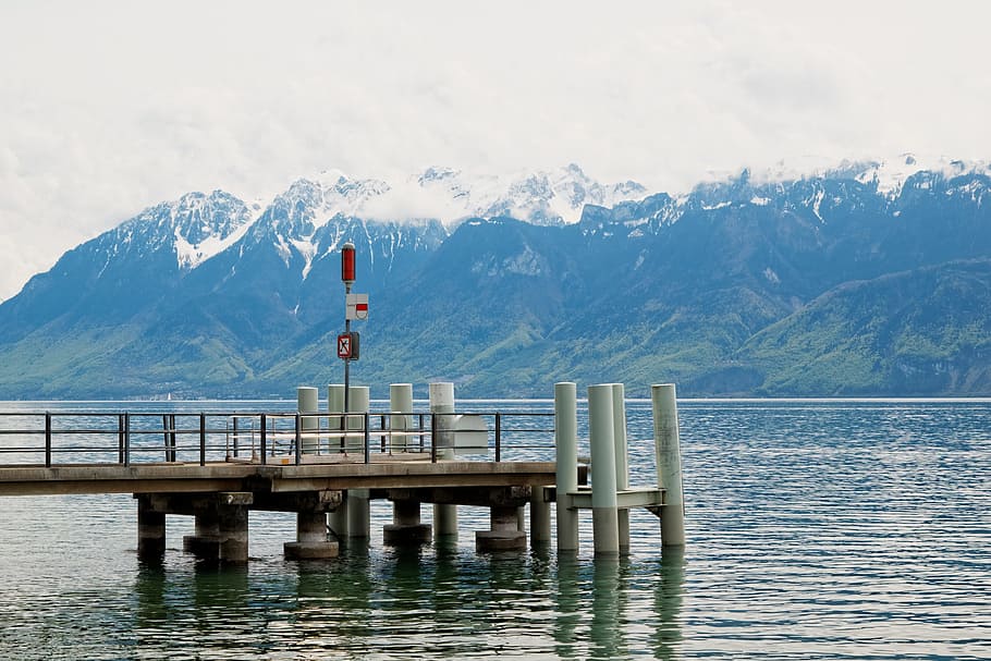 lutry, cully, jetty, geneva, lake, lac, leman, water, clouds, mountains, blue