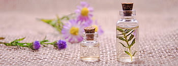 twee, duidelijk, glazen flessen, wijnkurken deksels, essentiële oliën, bloem, aromatherapie, parfum, essentieel, natuur, behandeling