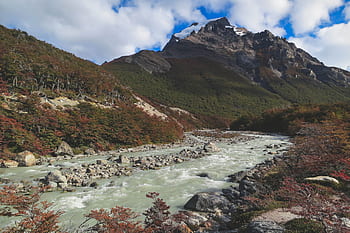 river, stream, water, rocks, mountains, hills, valleys, nature, landscape, clouds, El Calafate