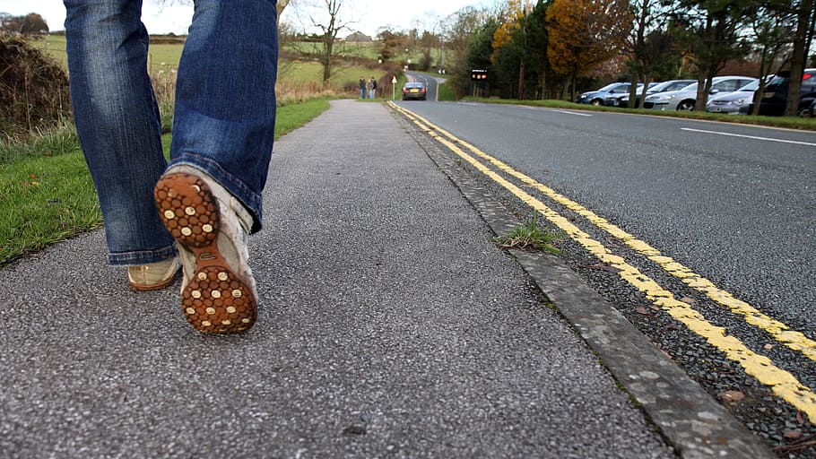 person, blue, jeans, walking, street, daytime, walk, shoes, shoe, leg, pavement