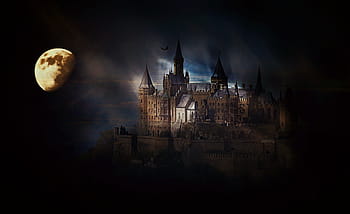 beige castle photo, castle, fortress, hohenzollern castle, germany, moon, moonlight, dark, darkness, mystical, weird