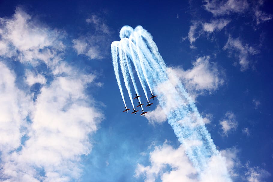 planes, sky, blue, smoke, squadron, fighter squadron of the smoke, pilots, fly, flight, cloud, maneuvers