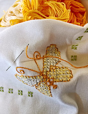 yellow, butterfly, cross, stitch, hand labor, embroidery, cross stitch embroidery, cotton blanket, embroidery thread, stick needle, butterfly pattern