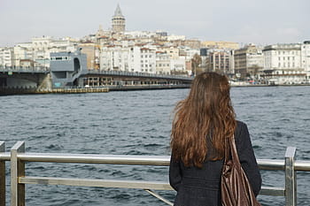woman, standing, terrace, looking, sea, women's, single, landscape, marine, istanbul, young model