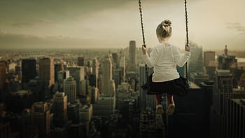 people, kid, child, baby, girl, cute, bun, urban, city, swing, building