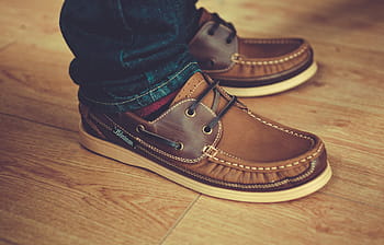 person, wearing, pair, brown, boat shoes, standing, wooden, floor, white, boat, shoes