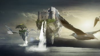 birds, flying, towards, floating, castle, fantasy, island, water, nature, seagull, sea