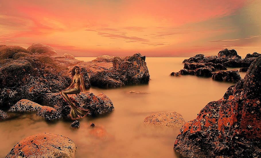 Mermaid, Siren, Sea, Fantasy, sea fantasy, sunset, scenics, sky, nature, tranquility