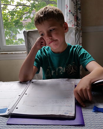chlapec, nošení, zelená, košile, sedící, přední, stůl, spirála notebook, domácí práce, dítě, student