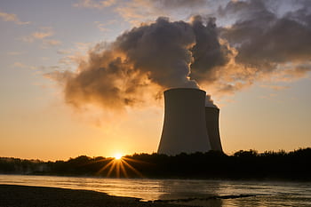 nuclear power plant, cooling tower, sunrise, mood, rhine, river, low tide, nuclear power, atomic energy, smoke, steam