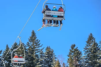 person, riding, cable car, ride, blue, clouds, sky, snowboarding, sport, fun, hobby