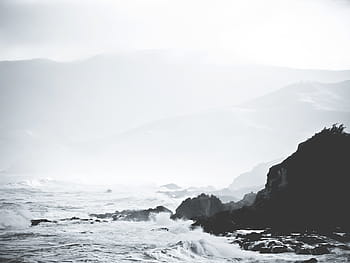 silueta, hora, tělo, voda, oceán, vlna, šedá, stupnice, fotografie, peřeje, řeka