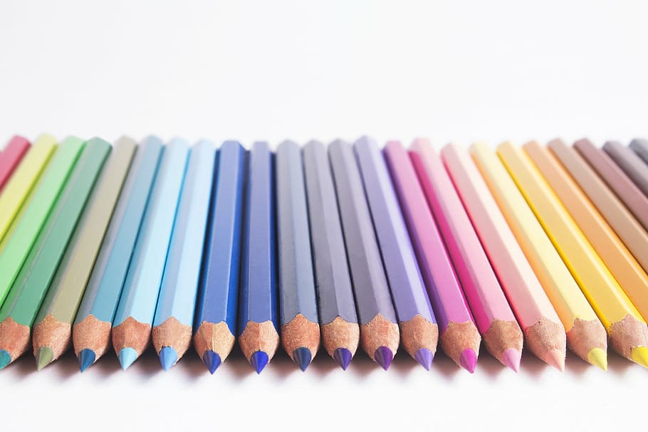assorted-color, colored, pencils lot, white, surface, pencils, colors, pastels, rainbow, drawing, artistic