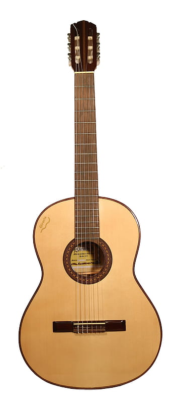 Marrone, classico, chitarra, bianca, sfondo, liutaio, spagnolo, diapason, scatola, legna, corde