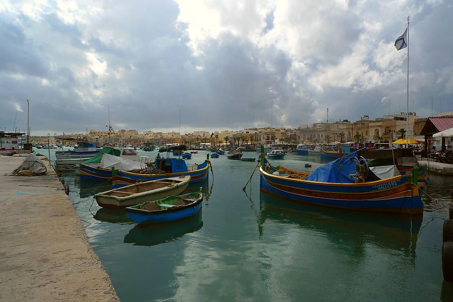 pescherecci, pittoresco, porta, Marsaxlokk, Malta, Gozo, mediterraneo, viaggio, luce posteriore, vacanza, idillio